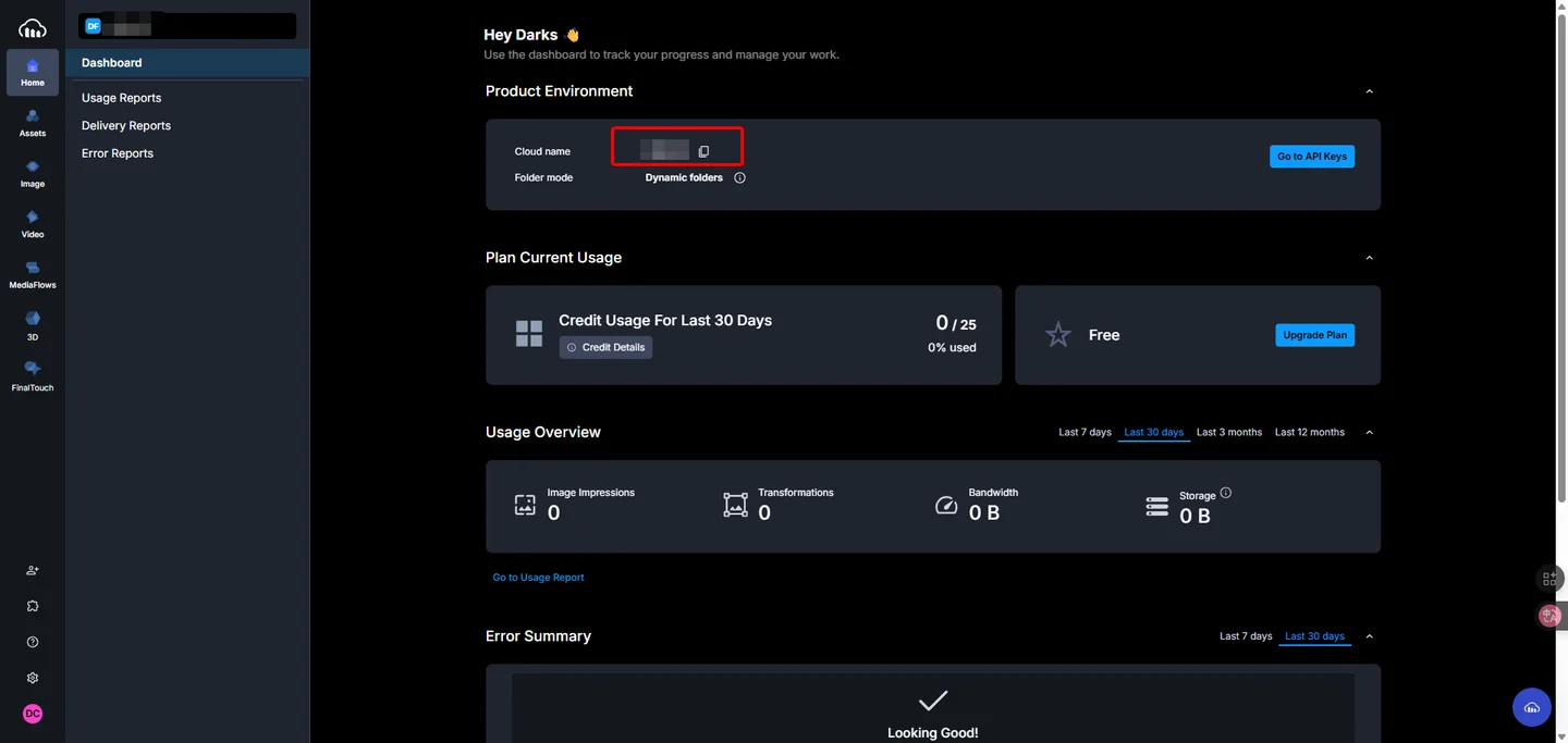 在Cloudinary儀表板找到並複製Cloud Name作為API串接的ID。