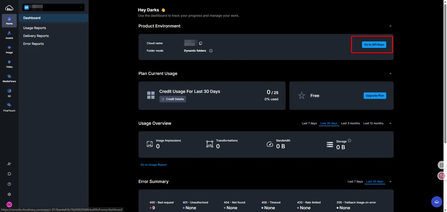 在Cloudinary儀表板點擊Go to API Keys前往API設定。