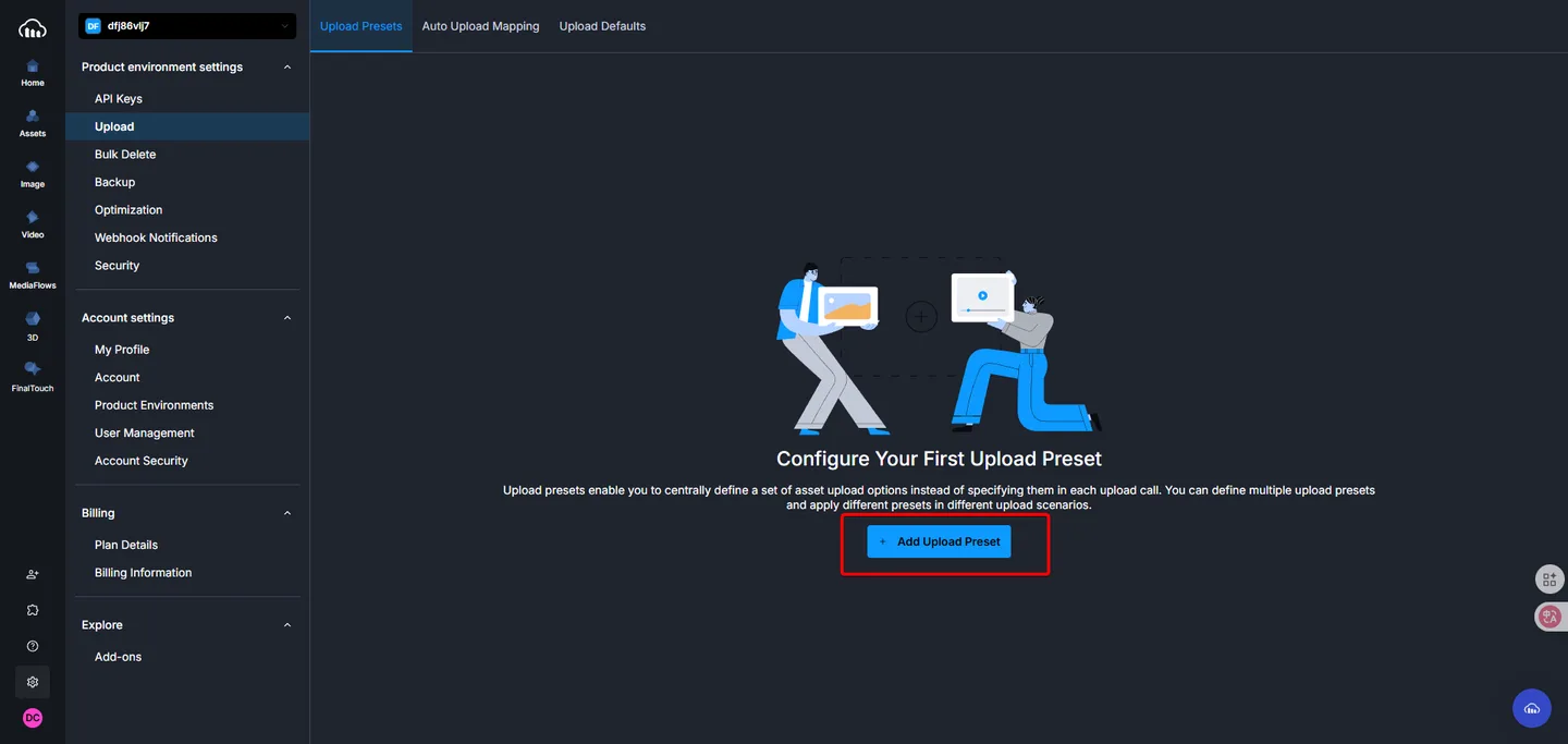 在Cloudinary上傳設定中,點擊Add Upload Preset新增上傳預設集。