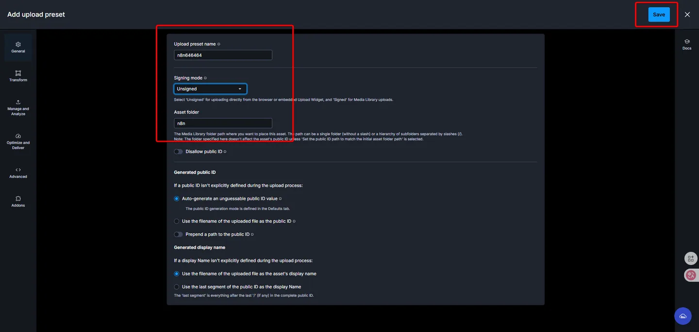 設定Cloudinary新的Upload Preset,包含命名、將簽署模式改為Unsigned、並指定上傳資料夾。