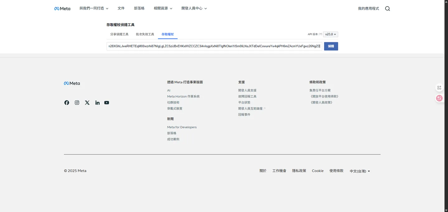 在 Meta 的存取權杖偵錯工具頁面,將權杖貼入輸入框並點擊「偵錯」。