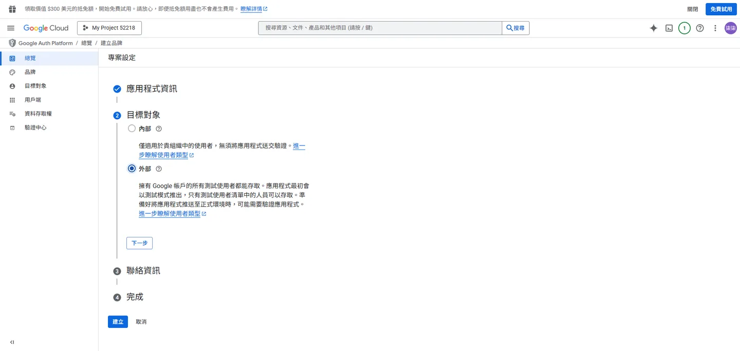 在 OAuth 同意畫面設定中選擇外部使用者類型後繼續