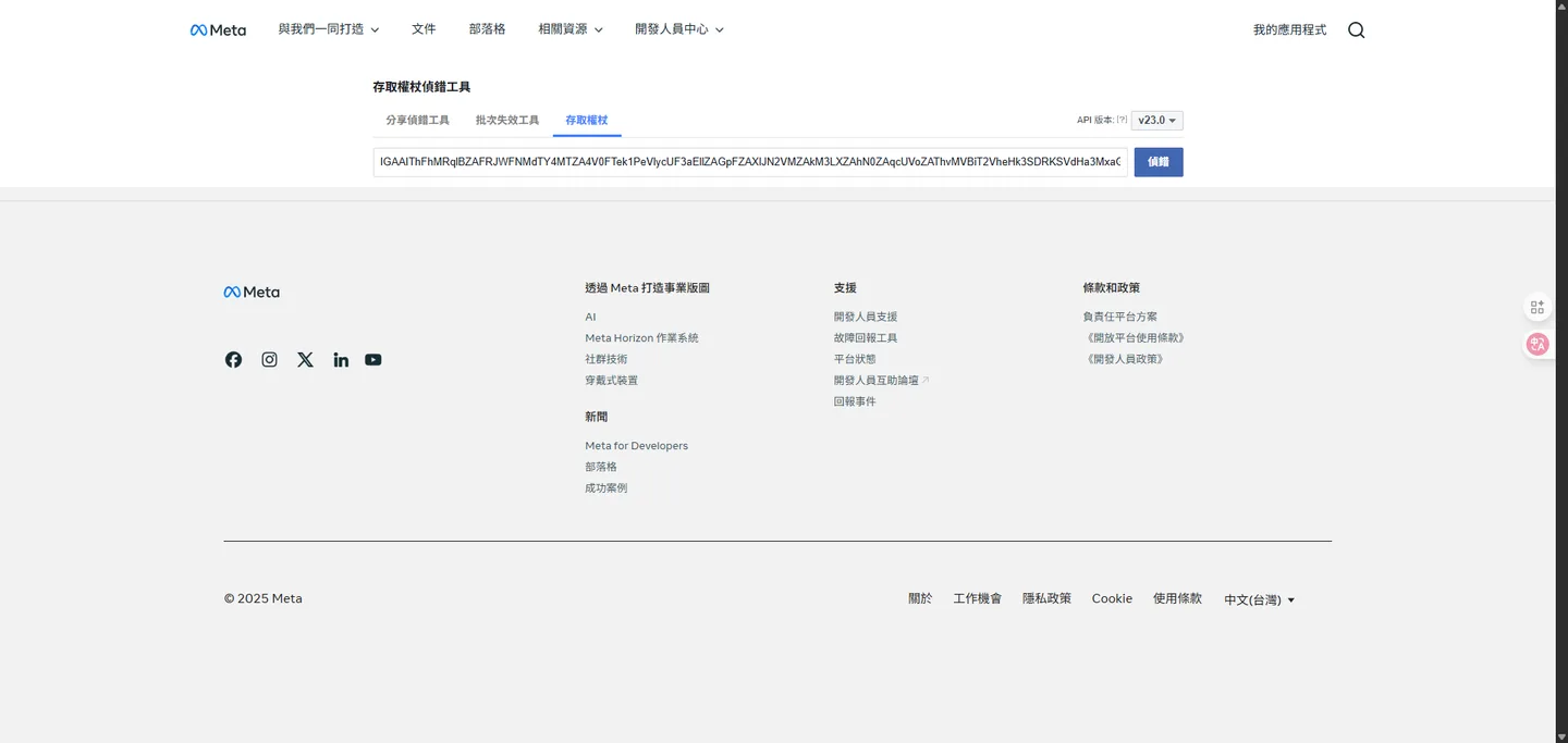 在存取權杖偵錯工具頁面,貼上權杖並點擊「偵錯」。
