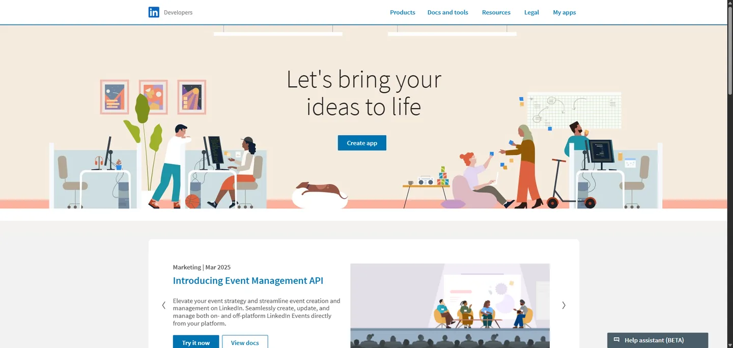 Linkedin 開發者頁面,顯示「Create app」按鈕