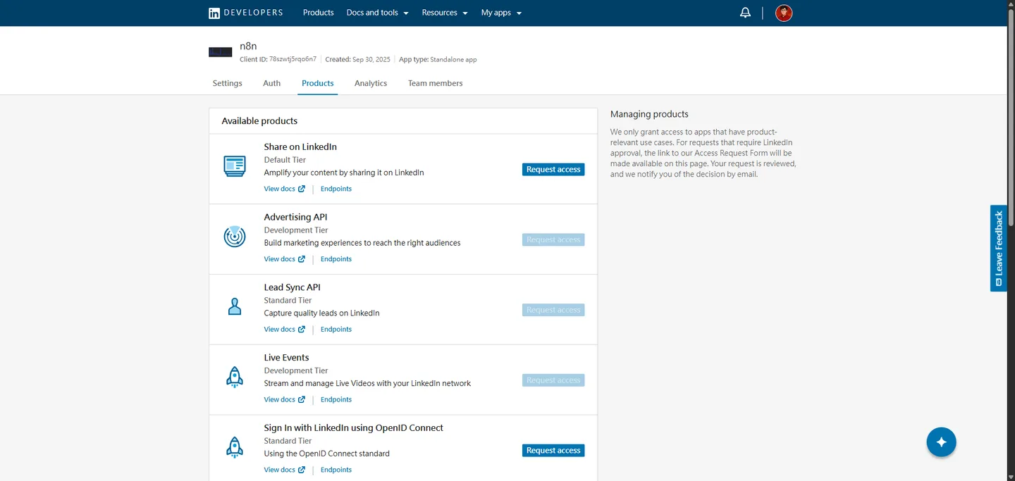 選擇 Linkedin 應用程式權限,包括 OpenID Connect 和 Share on LinkedIn