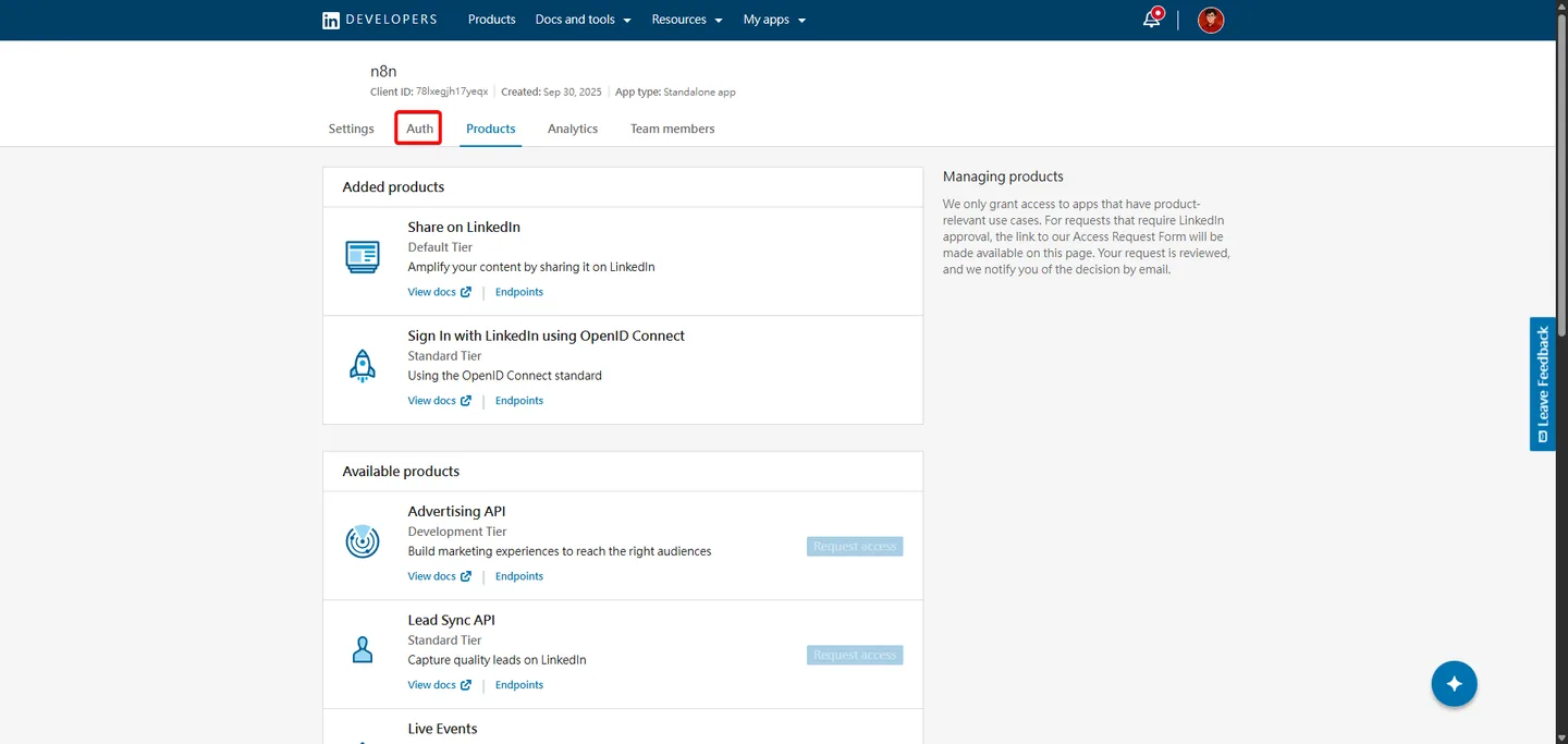 Linkedin 應用程式設定頁面中的「Auth」分頁