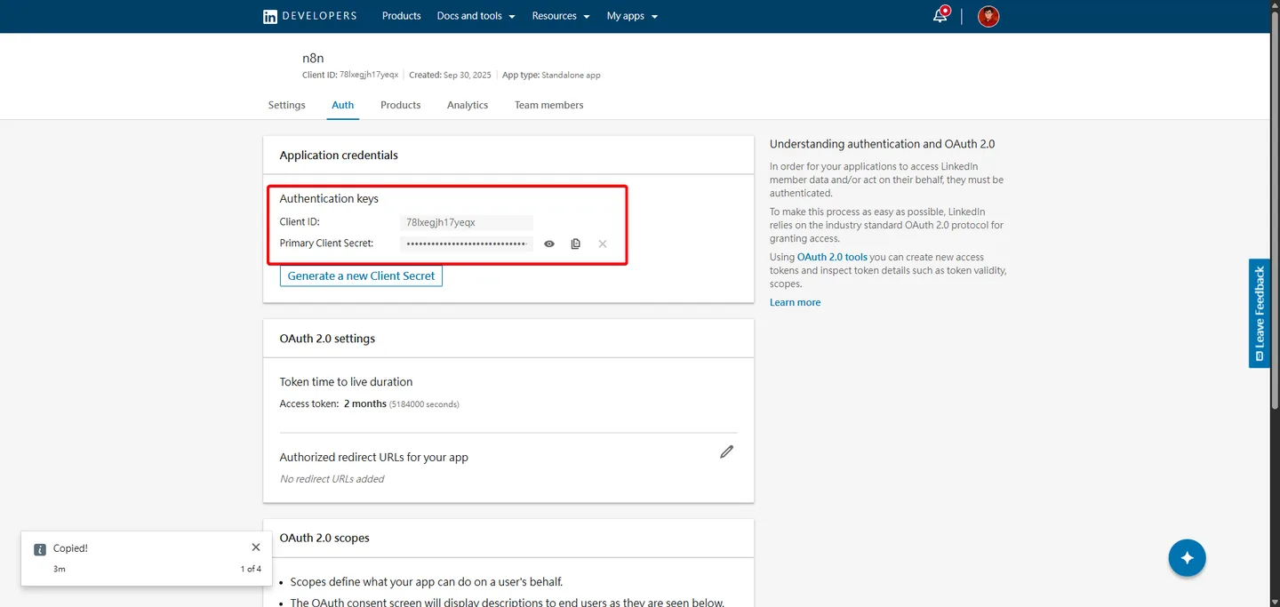 顯示 Client ID 和 Primary Client Secret 的 Linkedin 應用程式後台