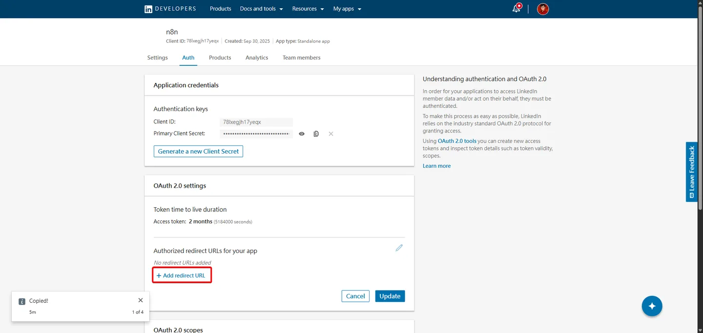 在 Linkedin 設定中點擊「Add redirect URL」按鈕