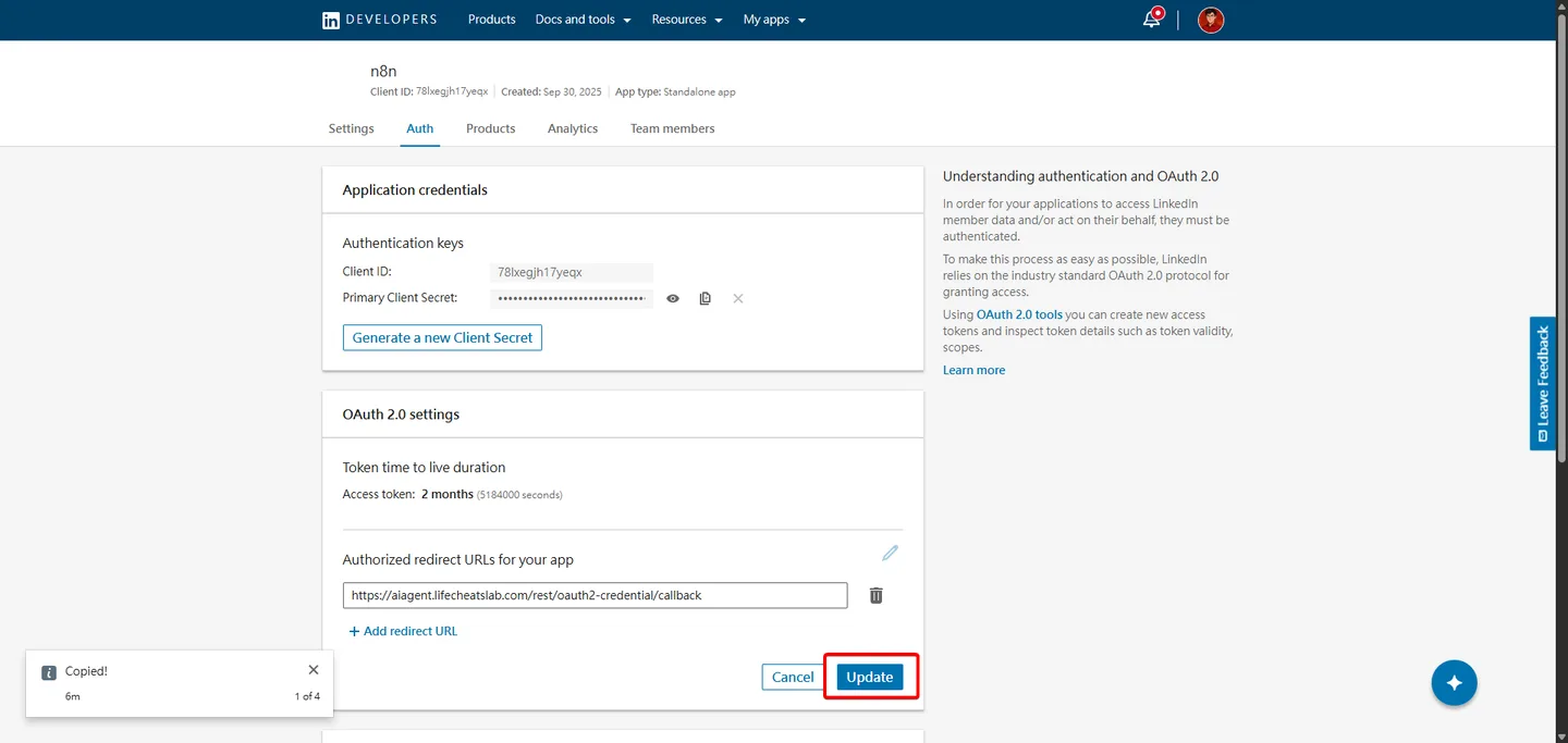 將 n8n 的 OAuth Redirect URL 貼到 Linkedin 設定中