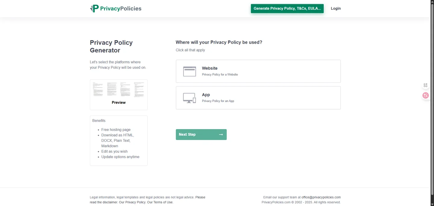 在 PrivacyPolicies.com 網站上,選擇隱私權政策要使用於「網站」或「App」。