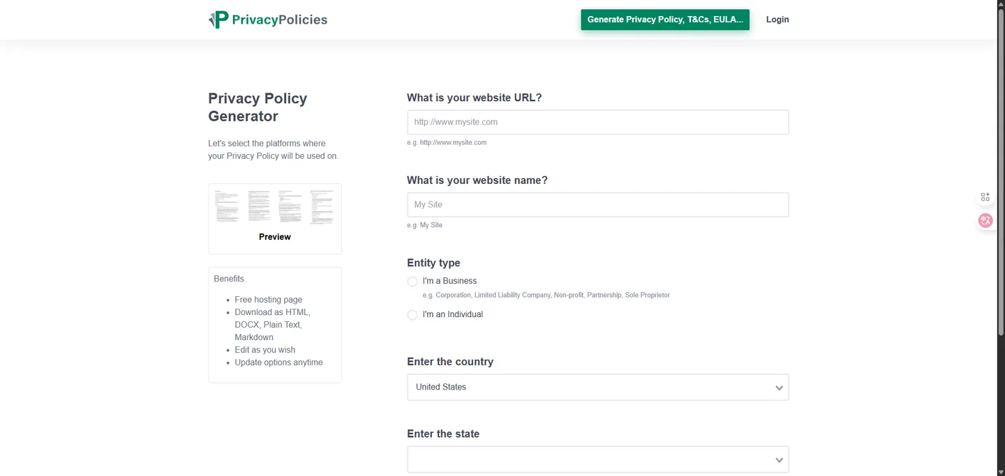 在 PrivacyPolicies.com 網站填寫網站 URL、名稱等基本資料的畫面。