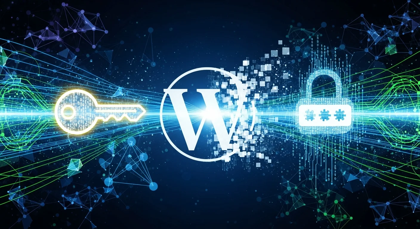 WordPress 與 API 應用程式密碼結合，象徵資料同步與資訊流動的圖片