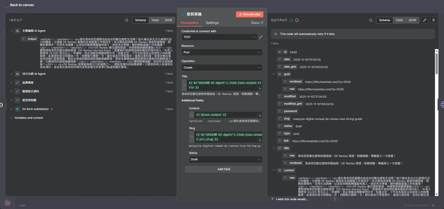 n8n的WordPress節點設定畫面，設定文章狀態為「草稿(Draft)」並指定內容與網址(Slug)。