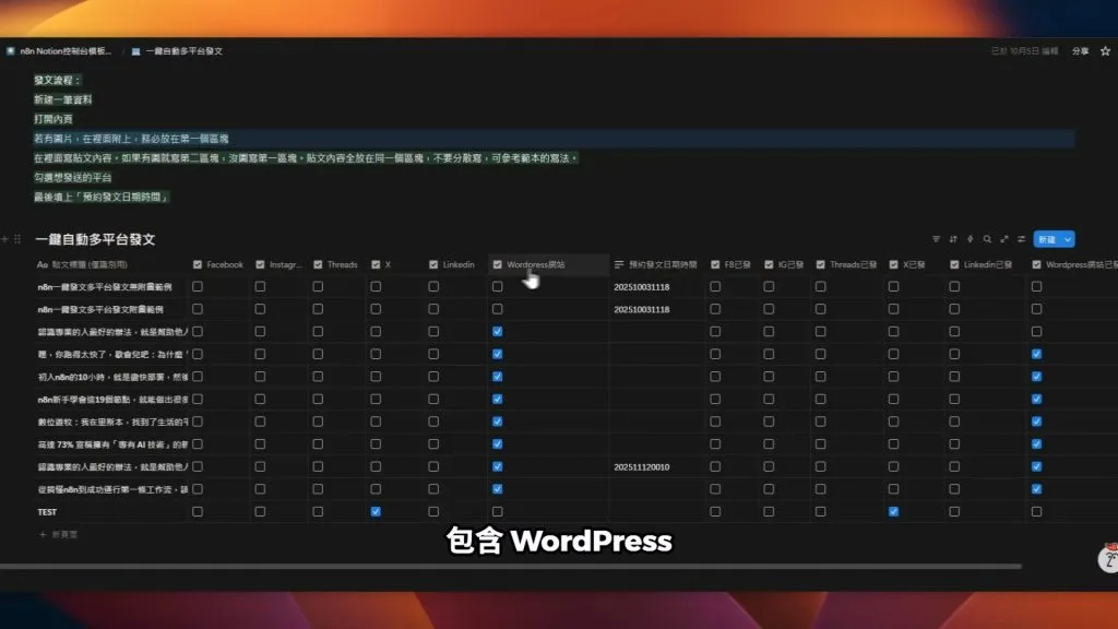 Notion 發文主控台的完整介面,包含標題、內容、打勾欄位與排程欄位