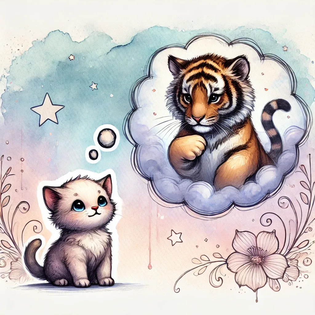 DALL·E 2025-01-09 21.56.47 - A watercolor illustration of a small cat sitting and dreamily imagining itself as a mighty tiger in a thought bubble. The style is artistic and dreamy