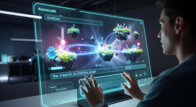 一位創作者使用AI遊戲製作工具Astrocade，透過在未來感的介面輸入文字，立即將想法生成一個可玩的遊戲世界，展現文字生成遊戲AI的強大功能。