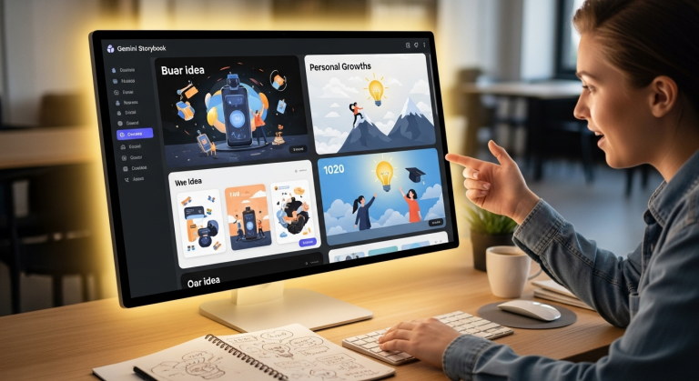一名創作者使用Gemini故事書應用，將腦中的商業點子與個人成長藍圖轉化為一本生動的AI生成故事簡報，展現AI創意行銷的潛力。