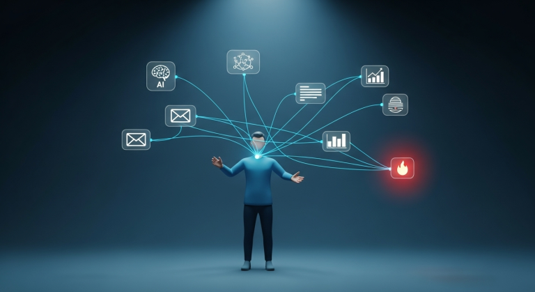 一位使用者正在建立客製化的個人工作流，象徵著透過這份 n8n 免費教學，你可以打造一個零成本 AI Agent 來掌控你的數位生活。