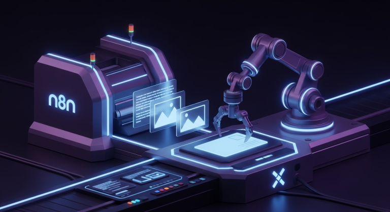 n8n X API 串接的示意圖，描繪一個自動化機械手臂將文字與圖片結合，並發佈到 X 平台，象徵解決了 n8n 發文無法上傳圖片的難題。