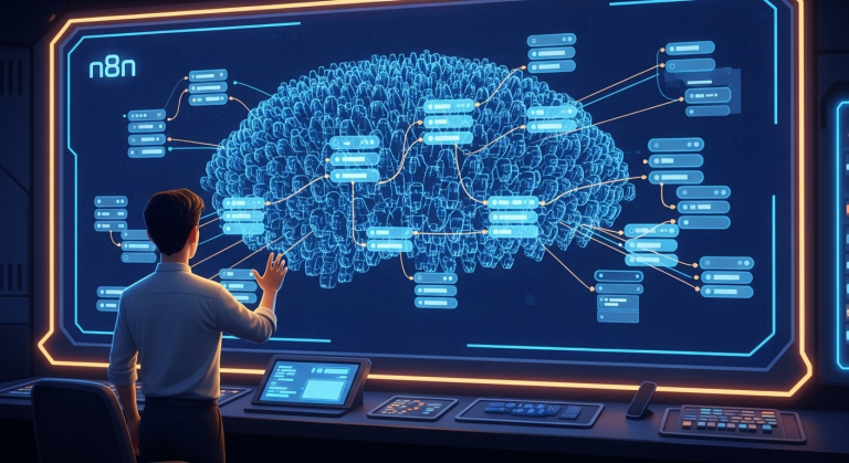 一名創業者正在指揮 n8n 自動化工作流，象徵透過 n8n 教學，打造 n8n 一人公司的強大生產力。