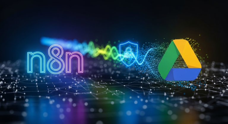 一張關於 n8n Google API 串接教學的示意圖,圖中呈現了 n8n 的 logo、Google Drive 的 logo,以及一條象徵自動化備份的數據流將兩者安全地連接起來。