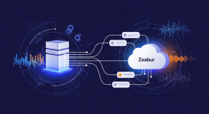 n8n免費部署自動化工作流程在Zeabur雲端平台部署示意圖，展示雲端伺服器與流程節點連接的視覺化概念