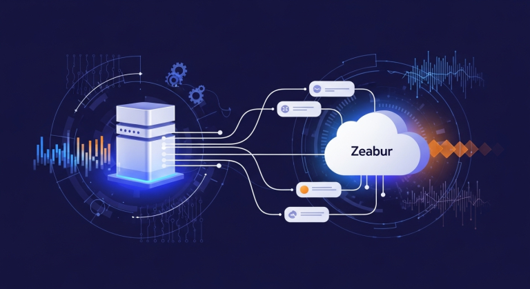 n8n免費部署自動化工作流程在Zeabur雲端平台部署示意圖，展示雲端伺服器與流程節點連接的視覺化概念