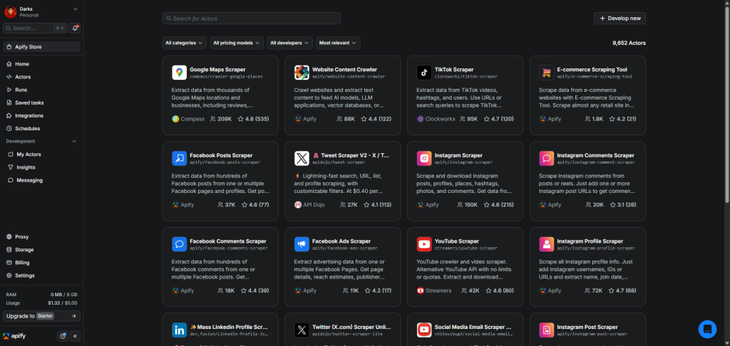 Apify的爬蟲頁面