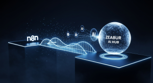 一張充滿未來感的圖片，描繪一道發光數據橋樑，將 n8n 平台與一個標示為 AI Hub 的中心樞紐連接起來，象徵 n8n 與 Zeabur AI 的成功串接