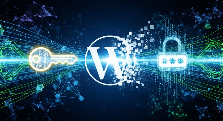 WordPress 與 API 應用程式密碼結合，象徵資料同步與資訊流動的圖片